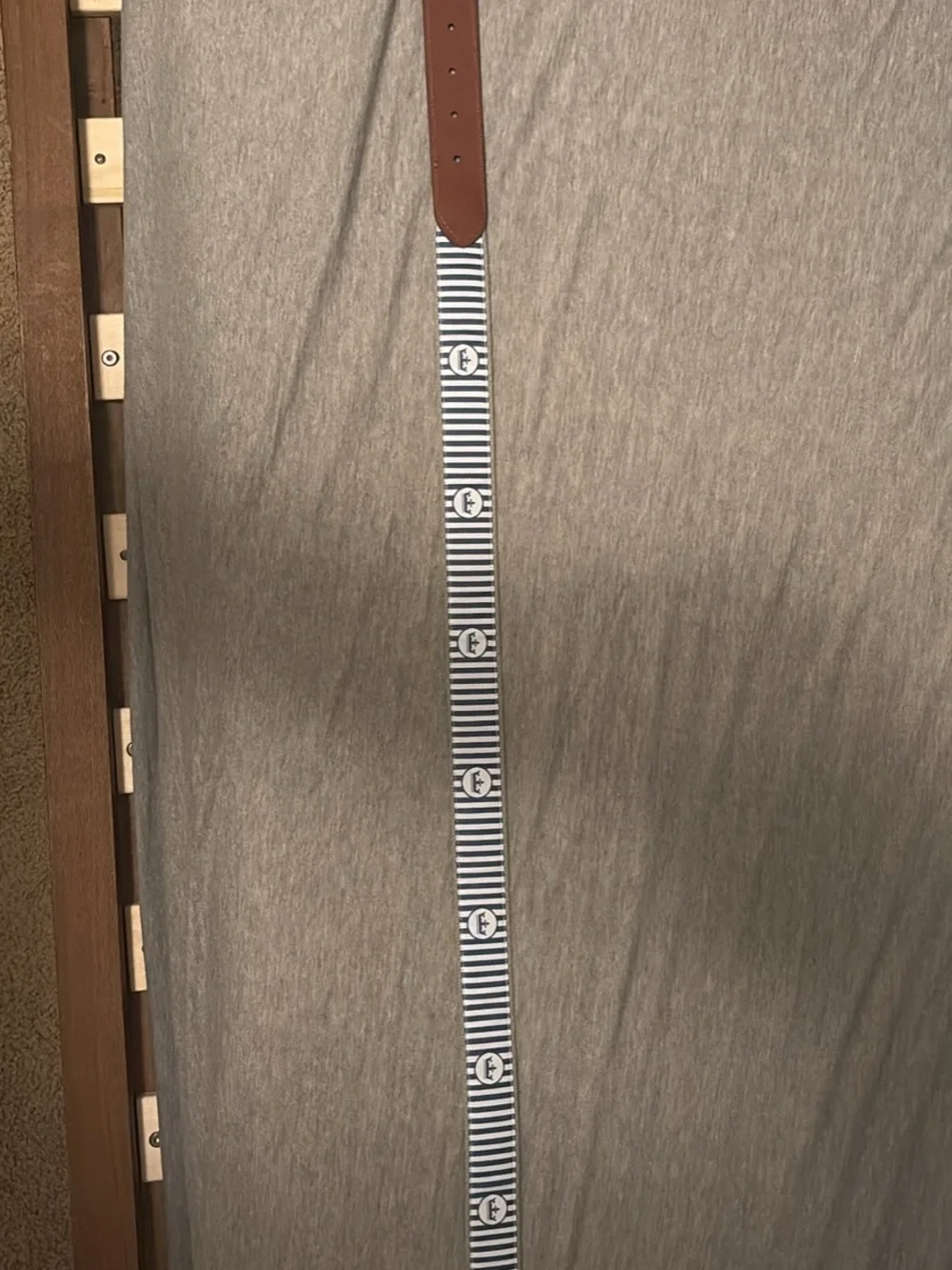 Peter Millar Navy and White Striped Anchor Belt with Brown Leather Trim
